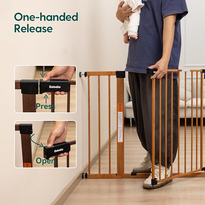 BABELIO 29-48" Metal Baby Gate with Brown Wood Pattern, Auto Close Dog Gate for The House, Stairs and Doorways, Pressure Mounted Pet Gate with Door, Safety Gate for Child and Pets-PawvioPets