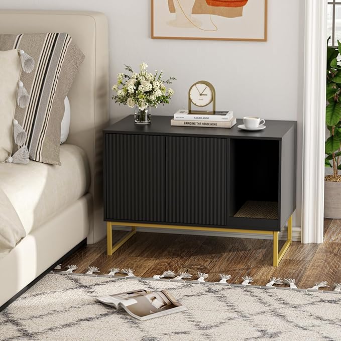 Cat Litter Box Enclosure, Fluted Hidden Litter Box Furniture with Scratch Pad and Metal Legs, Modern Enclosed Cat Cabinet, 31.5 x 17.7 x 21.7 Inches Indoor Pet House for Living Room, Washroom, Black-PawvioPets