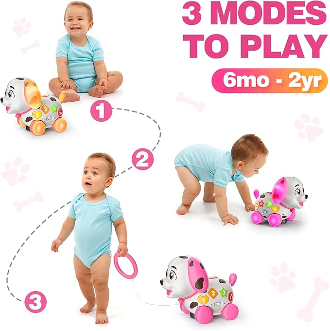 3-in-1 Musical Puppy Toys for 1 Year Old Girl Gift, Educational Baby Toy 6-12-18 Month, 1st Birthday Gift for 1 Year Old Girl Boy, First Bilingual Present for 7 8 9 10 Month Infant (Pink)-PawvioPets