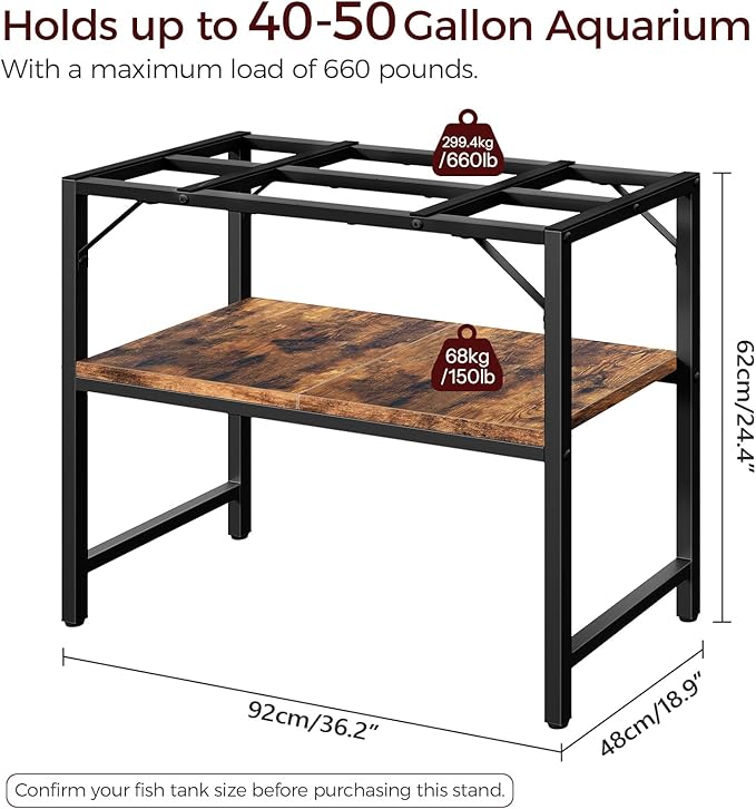 40-50 Gallon Fish Tank Stand, Aquarium Stand with 2-Tier Storage Shelves, Heavy Duty Breeder Turtle Terrarium Stand Rack for Home Office, 36.2" L x 18.9" W x 24.4" H, Rustic Brown FTHR4001-PawvioPets