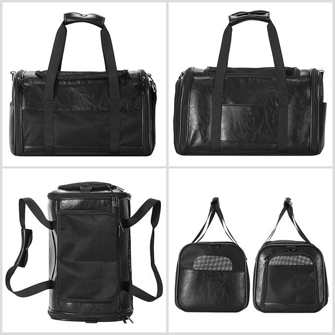 Fashion Leather Dog Carrier, Airline Approved Cat Carrier Soft Sided Pet Bag Carrier Purse for Puppy Kitten Small Animals Black-PawvioPets