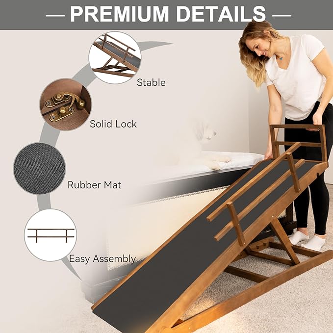 ABORON Dog Ramp,Adjustable Folding Pet Ramp for Bed,Couch,SUV - High Traction Portable Rubber Paw Ramps,Great for Small & Large Old Dogs & Cats, Supports up to 200 lbs,63''Long-PawvioPets