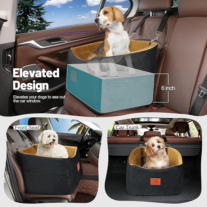 Dog Car Seat for Small Medium Dogs, Memory Foam Booster Car Seat for Dogs up to 35 lbs, Elevated Pet Car Seat, Travel Bed with Washable Removable Cover and Storage Pockets (Black/Coffee)-PawvioPets