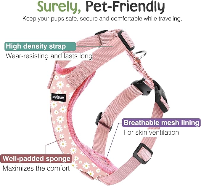 Dog Seat Belt, Safety Vest Dog Car Harness with Adjustable Buckle Dog Seat Belt for Vehicle Nylon Pet Safety Seat Belts Heavy Duty(S, Pink Daisy)-PawvioPets