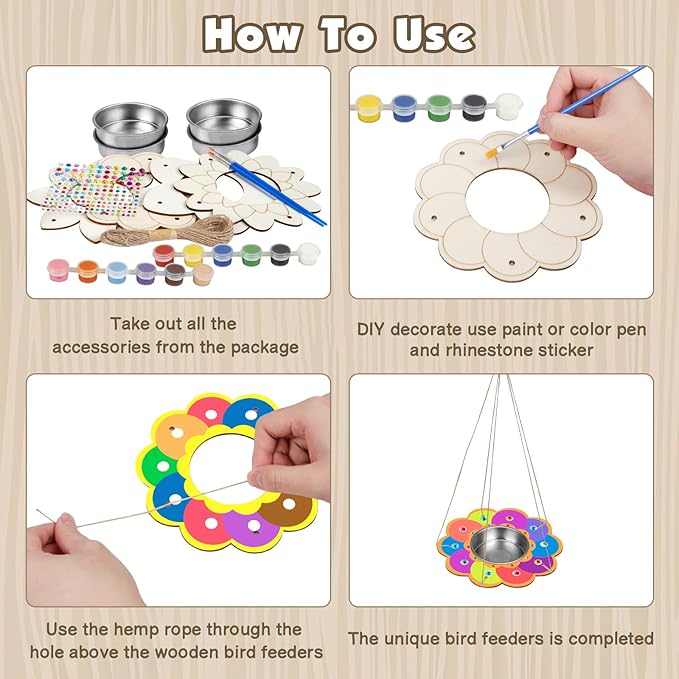 Fennoral 4 Pack Bird Feeder Kits for Kids Make Your Own Bird Feeders Wooden Art and Craft for Girls Boys Ornaments DIY to Paint Bird Feeders Craft for Spring Garden Outdoor Summer Activities Project-PawvioPets