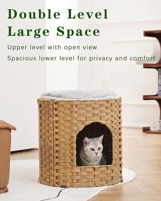 Cat House for Indoor Cat, Large Double Cat Houses Cat Bed Cave, Handwoven Rattan Pet Beds with One Soft Pad, 17 x 17 x 17 Inches Foldable Kitten Hideaway in Living Room Natural-PawvioPets