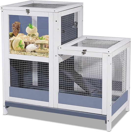 2-Story Guinea Pig Cages Wooden Indoor Rabbit Hutch Hamster Cage with Openable Roofs, Removable Tray and Wide Ramp, Small Animal Habitats for Hamsters, Guinea Pig, Ferrets, Hedgehog-PawvioPets