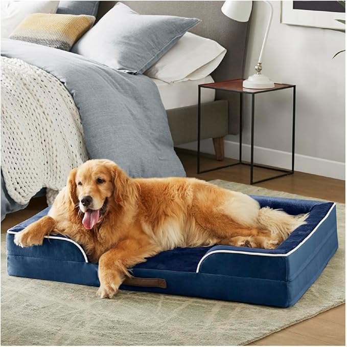 Friends Forever Orthopedic Dog Bed, Bolster Dog Bed with Memory Foam Pet Couch Sofa and Removable Washable Cover, Ally Navy, 42x32x7-PawvioPets