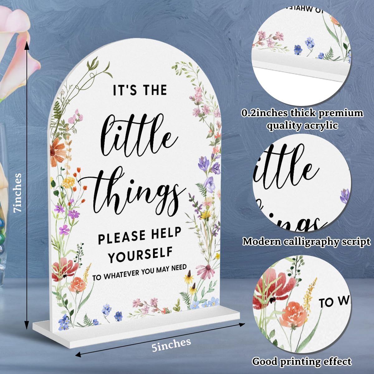 Acrylic Wedding Signs, It's the Little Things Signs for Marriage Reception, Bridal Shower Decorations, Modern Arched Round Top Acrylic Table Top Sign with Holder for Wedding Party (White Wildflowers)
