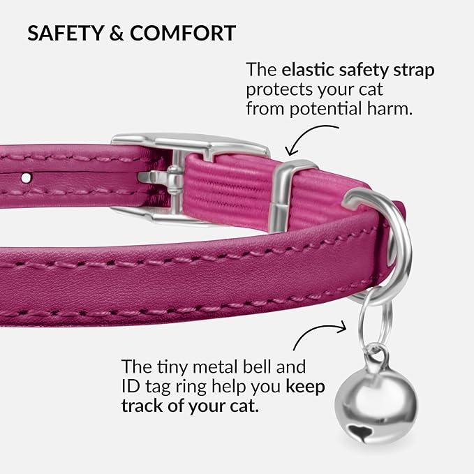 CollarDirect Leather Cat Collar with Bell - Kitten Collar, Small and Big Cat Strap for Boy Cats, Girl Cats with Safety Elastic Strap (Neck Fit 8"-11", Pink)-PawvioPets