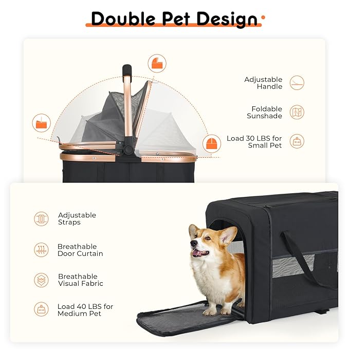 Double Pet Stroller for Small Medium Dogs - 4 In1 Dog Stroller for 2 Pets, Detachable and Foldable with 360°Rotating Wheels, Easy Assembly and Compact Size-PawvioPets