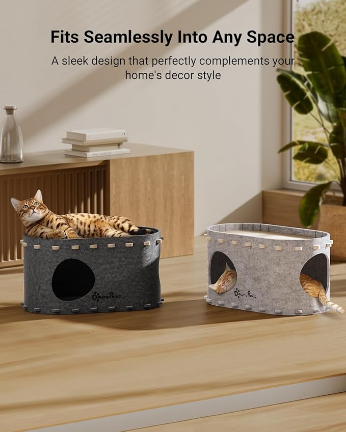 DownyPaws Cat House for Indoor Cats, Cat Bed Cave for Multiple & Large Cats Up to 22 Lbs, Scratch Resistant Peekaboo Cat Caves, Foldable Tunnel Enclosed Bed, PeekaPurr, Sesame Gray-PawvioPets