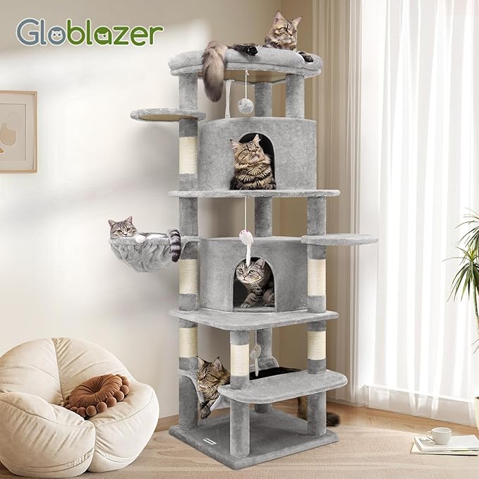 Globlazer Corner Cat Tree for Large Cats, 66inch Tall Curved Series Large Cat Tower for Multiple Indoor Cats with 6 Scratching Posts, 2 Spacious Cat Condos, Hammock, Hanging Basket, C66, Light Grey-PawvioPets
