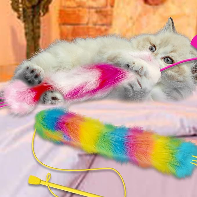 2 Pack Cat Wand Toy, Rainbow Cat Feather Toys with Bells, Teaser Wand with Soft Furry Tail, Interactive Toys for Indoor Cats & Kitten & Kitty-PawvioPets