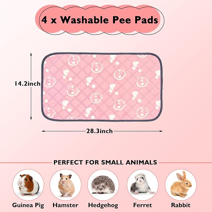 4 Pack Guinea Pig Bedding - Washable Guinea Pig Liners for C&C 2x1 Cage, Waterproof Reusable & Anti Slip Pee Pads Super Absorbent Mats for Small Animal Rabbit Hamster Rat (Pink, 28 x 14 Inch)-PawvioPets