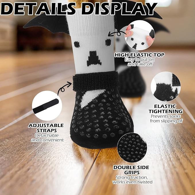 EXPAWLORER Halloween Anti Slip Dog Socks to Prevent Licking Paws, Boots & Paw Protectors with Grippers,Doggie Booties for Hardwood Floors for Small Medium Large Senior Dogs Costume White Ghost Wings L-PawvioPets