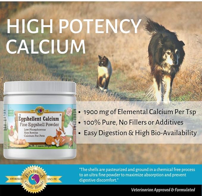 Calcium for Dogs and Cats - Fine Eggshell Powder - Strong Hip & Joint Supplement for Dogs and Cats- Dietary Supplement - No Additives - Pet's Friend Eggshellent Calcium 16oz-PawvioPets