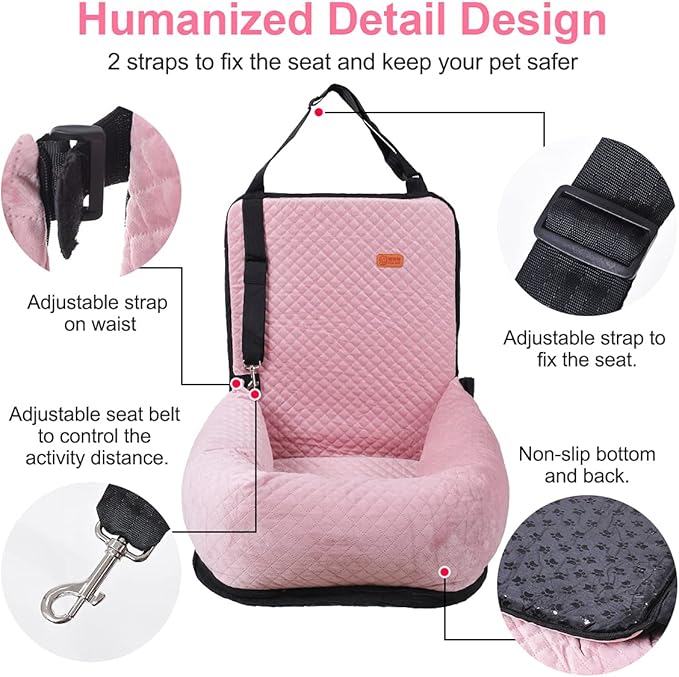 Dog Car Seat for Small Medium Dogs Up to 40lbs, Detachable Washable Soft Pet Booster Travel Bed for Front & Pink Seat with Safety Leash Belt-PawvioPets
