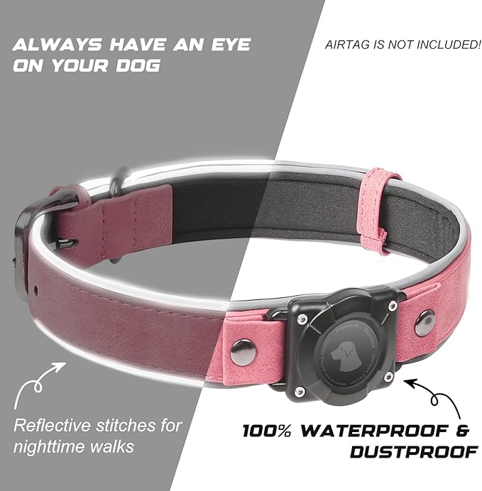 AirTag Dog Collar - Leather Dog Collar with Air Tag Holder | IPX8 Waterproof, Reflective, High - End, Adjustable Soft Padded | Dog GPS Tracker Collars Fit for Medium Large Dogs (Pink, M(12.5"-17.3"))-PawvioPets