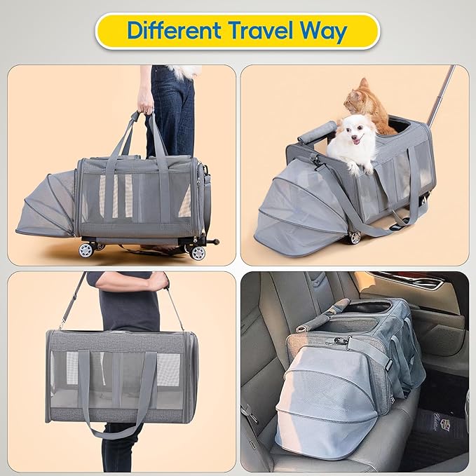 Expandable Pet Carrier with Wheels, Double Cat Dog Carrier 21"x 17"x 16" up to 40 Lbs, Rolling Pet Carrier for Cats and Dogs, Extra Large Pet Travel Carrier, Ideal for Outdoor/Travel-PawvioPets