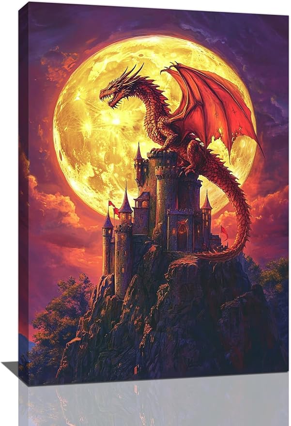 Dragon Bathroom Pictures Wall Art, Red Dragon Castle Bathroom Wall Decor, Framed Painting Canvas Artwork for Bedroom Living Room Decorations 24"L x 16"W-PawvioPets
