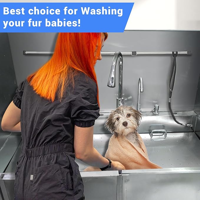 50" Dog Washing Station, Professional Stainless Steel Pet Dog Bathing Station with Ramp, Faucet, Storage Drawer, Floor Grate Dog Bathtub for Large, Medium, Small Pets (Left Ramp)-PawvioPets
