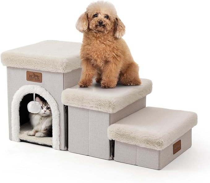 Dog Stairs for Small Dogs with Storage and Condo, 14" H Foldable Pet Stairs for Small Medium or Puppy Dogs and Older Cats, Dog Steps for Bed or Couch, 13x27x14 inch, 3 Tiers, Beige-PawvioPets