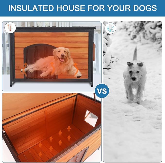 Dog House Outdoor Insulated 43.3" L Large Dog Kennel 6 Sides All-Round Foam Winter Weatherproof for Small Medium Large Dogs with Strong Metal Chew Proof Frame-PawvioPets
