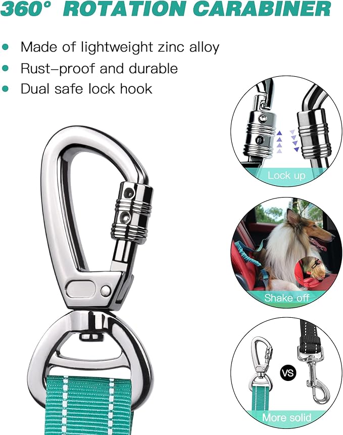 AUBELL Dog Seat Belt for Car,Updated 3-in-1 Adjustable Reflective Bungee Heavy Duty Dog Car Harness Tether with Clip Hook Latch & Buckle,Swivel Zinc Alloy Carabiner,Teal-PawvioPets