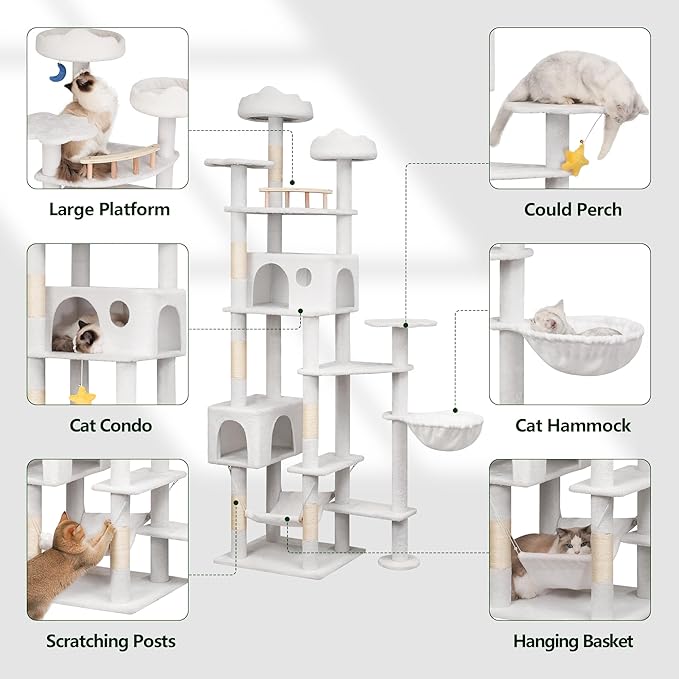 85in Tall Cat Tower for Heavy Duty Big Cats, Large Cat Tree with Scratching Post, Plush Perches, Cozy Cat Condos & Hanging Hammocks for Maine Coon, White-PawvioPets