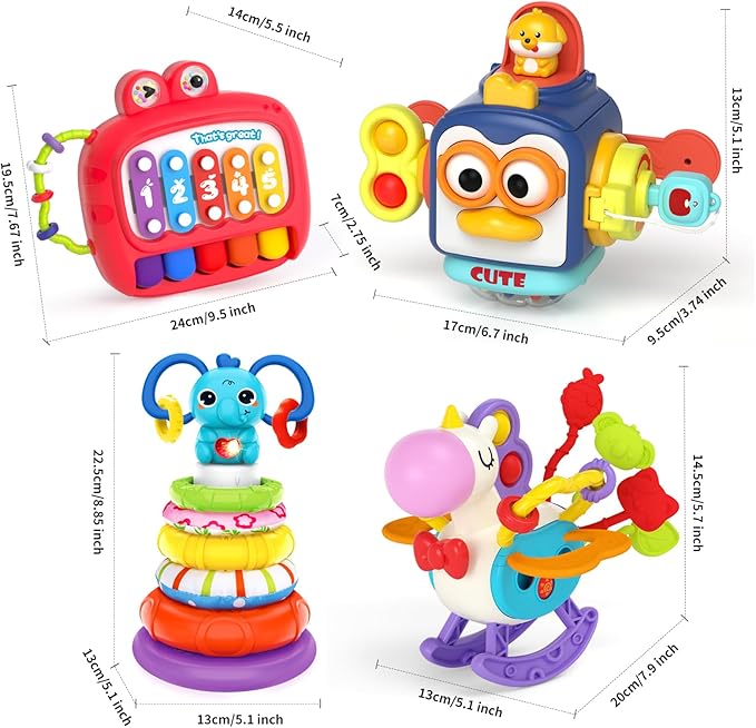 4 in 1 Baby Toys for 6 12 18 Month, Learning Toys for Babies 6-12 Months, Busy Cube, Stacking Sorter, Piano Xylophone Pull String Travel Toy, Birthday Gifts for Toddlers 1 2 Years Old-PawvioPets