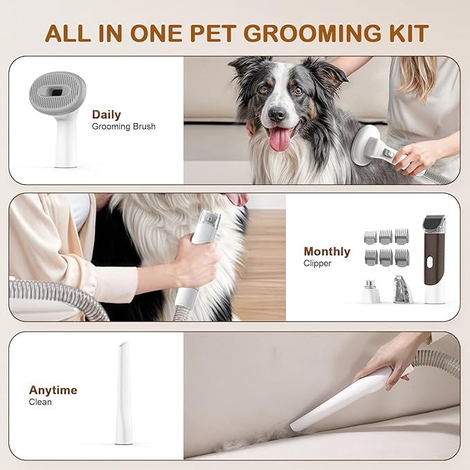 Dog Grooming Vacuum, Dog Grooming Kit with Pet Clipper Nail Grinder, 3 Suction Modes Dog Brush Vacuum with 6 Pet Grooming Tools (Brown)-PawvioPets