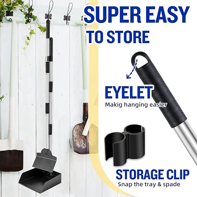 Dog Pooper Scooper,Tray and Spade Set Poop Scooper for Dogs, Adjustable Long Handle Metal Pooper Scooper with Bin for Pet Waste Removal, No Bending Clean Up for Medium and Large Dogs-PawvioPets