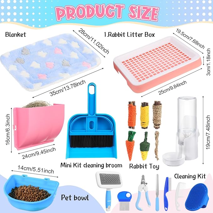 19 Pcs Rabbit Starter Kit Small Bunny Litter Box Rabbit Grooming Kit Water Bottle Bunny Toys Hay Feeder Bowl Blankets with Cleaning Set for Guinea Pig Accessories (Pink-White,Strawberry Bear)-PawvioPets