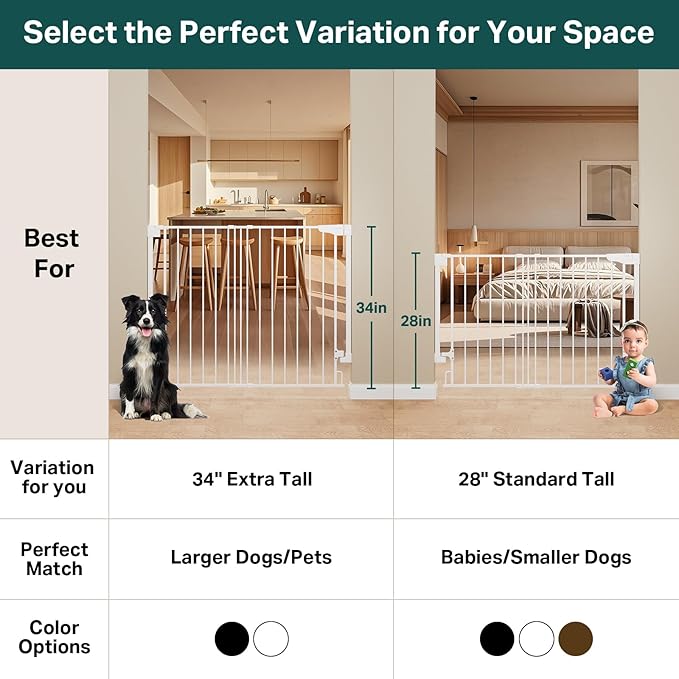 Cumbor 34" Extra Tall No Bottom Bar Baby Gate for Stairs, Auto Close Dog Gate Indoor for Larger Pets, 29.2-43" Hardware Mounted Safety Gate for Doorways, Wide Walk Thru Door for Easy Access (White)-PawvioPets