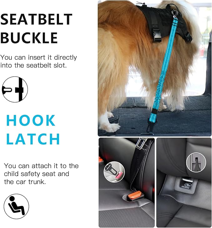 AUBELL Dog Seat Belt for Car,Updated 3-in-1 Adjustable Reflective Bungee Heavy Duty Dog Car Harness Tether with Clip Hook Latch & Buckle,Swivel Zinc Alloy Carabiner,Blue-PawvioPets