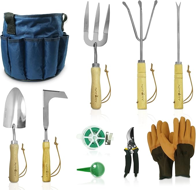 Garden Tools Set – Premium Stainless Steel Gardening Hand Tools with Solid Beechwood Handle – Gardening Kit with Rake, Shovel, Gloves, Shears, Tool Organizer – Garden Gifts for Women and Men-PawvioPets