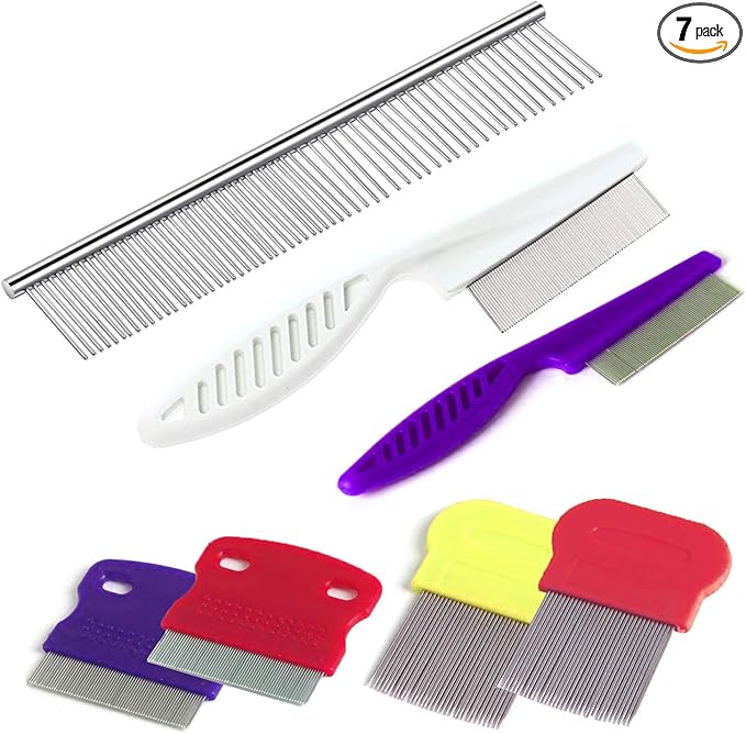 7 Pcs Pet Dog Grooming Comb, Metal Head Comb for Long Hair, Dog Tear Stain Remover Combs, Hair Combs Remover for Dogs Cats, Pet Grooming Tool Removes Crust, Mucus and Stains - 5 Types-PawvioPets