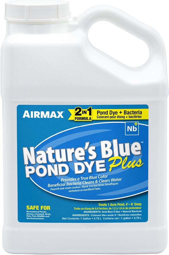 Airmax Pond Dye Plus, Nature's Blue Colorant & Natural Beneficial Bacteria, Large Pond & Lake Water Clarifier & Color Treatment, Shade Plants & Algae from Sunlight, Fish & Livestock Safe, 1 Gallon-PawvioPets