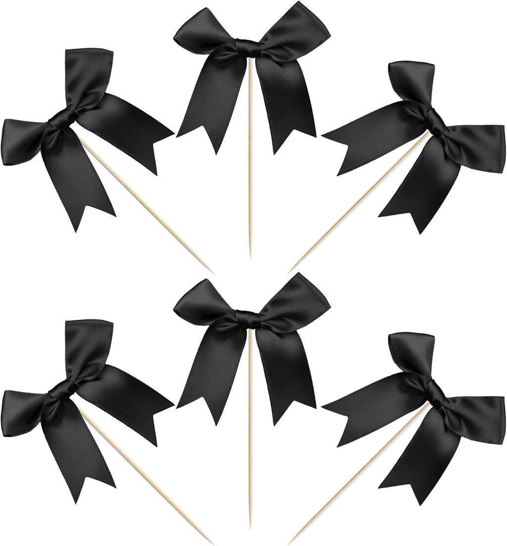 24 PCS Bow Cupcake Toppers Bowknot Cake Toppers Bow Cupcake Picks Bowknot Birthday Party Decorations Bow Cake Dessert Picks for Wedding Bridal Engagement Baby Shower Birthday Party Supplies Black