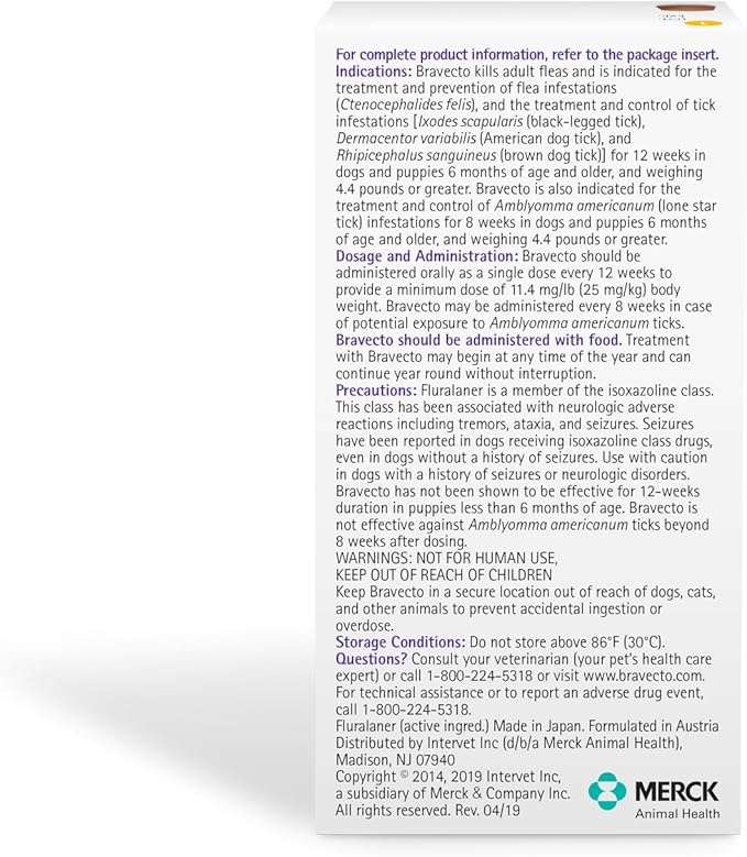 BRAVECTO Chew for Dogs, Flea & Tick, 1 Chew, 12 Week Supply, 4.4-9.9 lbs., Yellow Box-PawvioPets