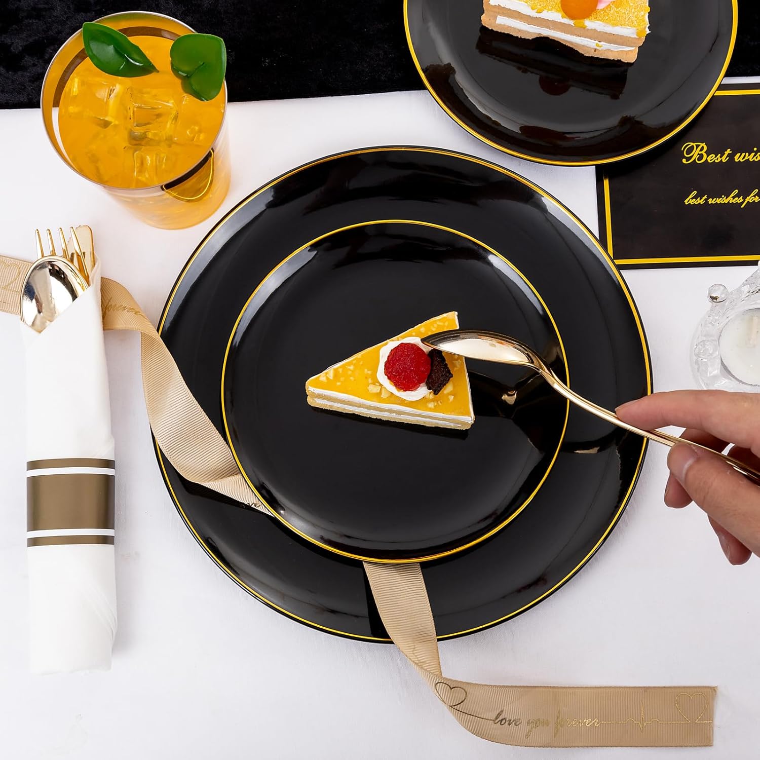 KIRE 350 PCS Plastic Dinnerware Set for 50 Guests - Black and Gold Plates 50 for Dinner 50 for Dessert & 50 Pre Rolled Napkins with Disposable Silverware 50 Cups for Halloween Party/Banquet/Wedding