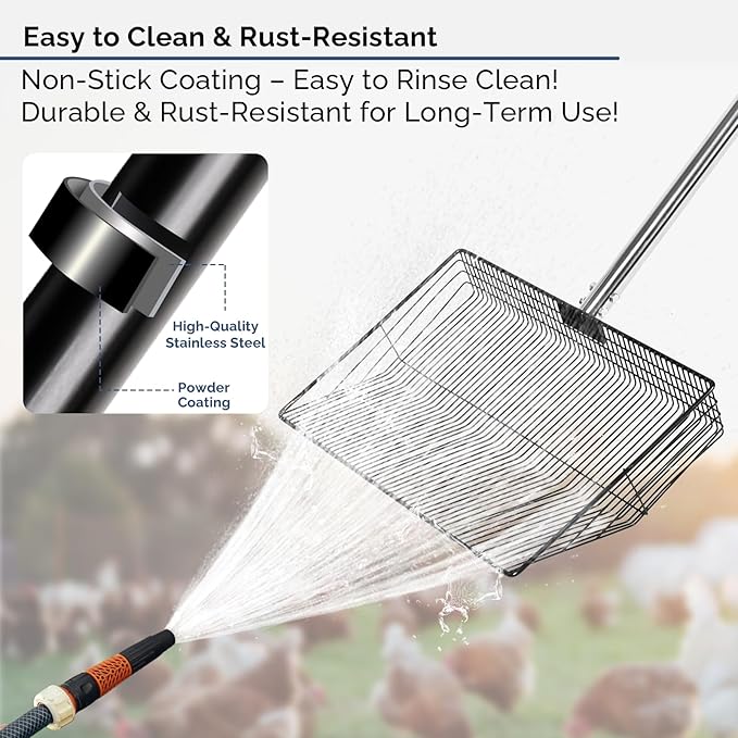 15" Extra-Wide Chicken Poop Scooper – Ergonomic Adjustable Handle (24-70in), Stainless Steel Sifting Shovel Deep Litter Cleaning for Chicken Coops, Goat - Chicken Coop Scoop for Sand, Straw, Hemp-PawvioPets