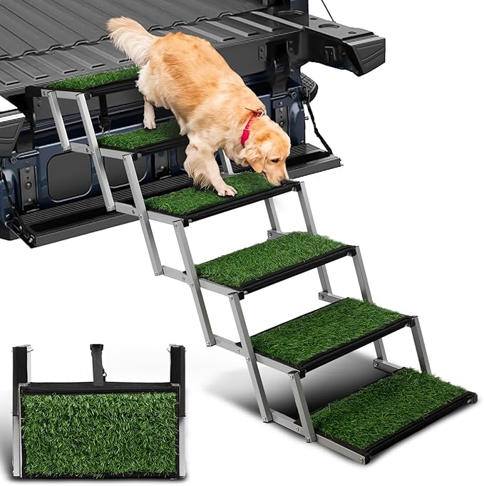 Dog Stairs for Car, Portable Folding Dog Ramps,Dog Steps for Large Dogs with Non-Slip Grass Rug for Cars, SUV, Trucks, Lightweight Pet Ramp Supports Up to 200 lb, 6 Steps-PawvioPets