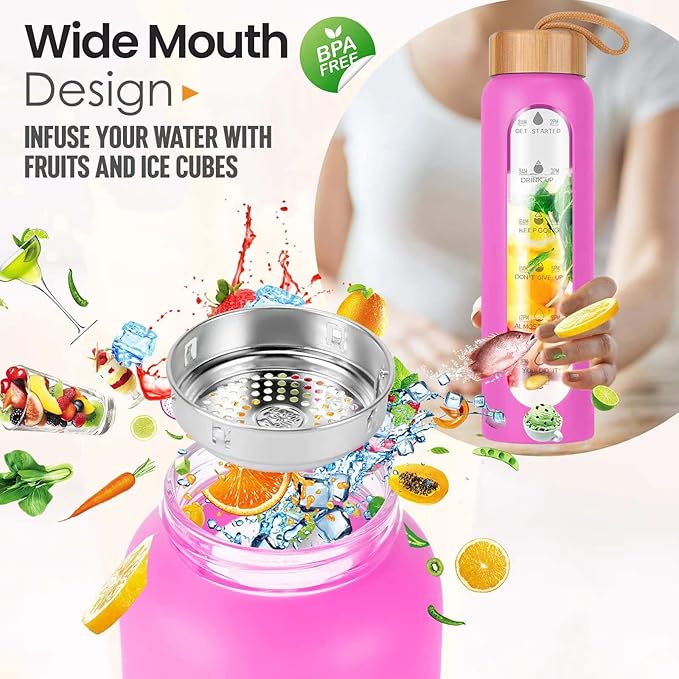 Aqulea Glass Water Bottles 32 Oz with Silicone Sleeve - BPA Free Reusable Wide Mouth Glass Motivational Water Bottles with Fruit Infuser – Leak Proof Borosilicate Water Bottle with Time Marker (Rose)-PawvioPets