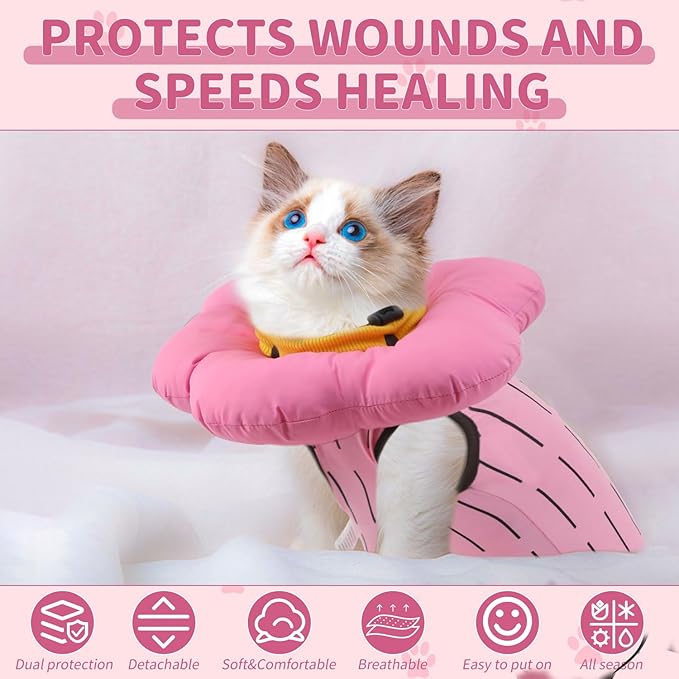 EMUST Cute Cat Recovery Suit & Cone Collar Set - Soft, Adjustable Flower Collar for Female Kittens Under 4lb (Pink, S)-PawvioPets