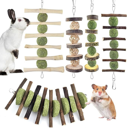 ERKOON Bunny Chew Toys, Rabbit Chew Toys for Teeth Grinding, Improve Dental Health, 100% Natural Apple Wood Timothy Grass Cake Treats for Rabbits Guinea Pigs Chinchillas Bunnies Hamsters (5 Pcs)-PawvioPets
