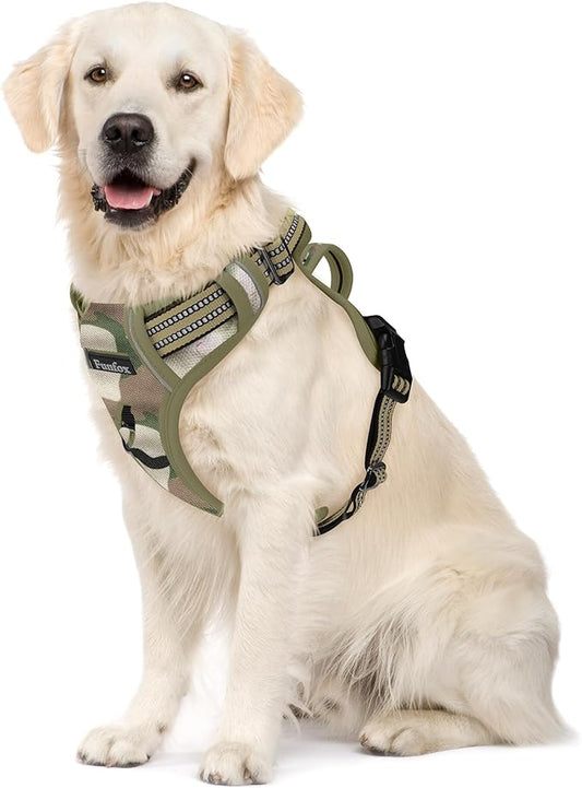 Funfox Dog Harness No Pull, Adjustable Pet Vest Harness, Super Soft Material with Vertical Handle Easy Control, Reflective Night Walking, 2 Leash Clips for XLarge Dogs, Camo Green, XL-PawvioPets