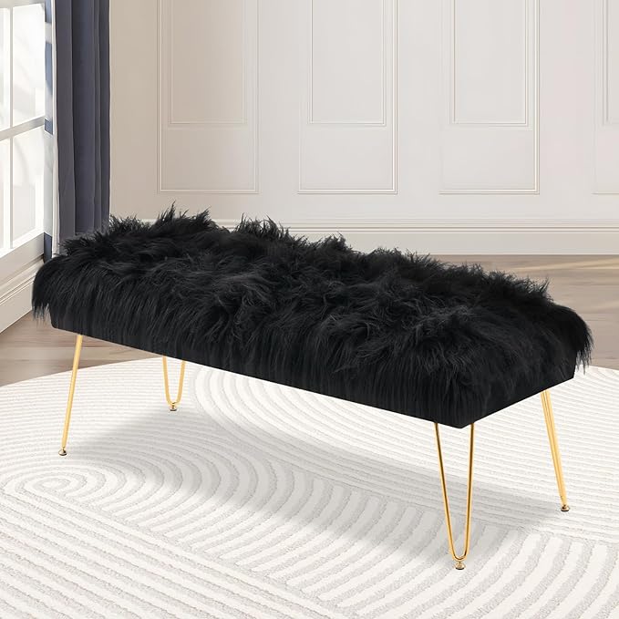 42.5 Inch Black Bedroom Bench, Benches for Bedroom White Faux Fur Upholstered Bed end Bench, Tufting Ottoman Bench Indoor Bench with Metal Legs for Living Room Bedroom Entryway, Black-PawvioPets