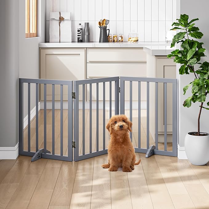 Freestanding Wooden Dog Gate - 24 Inch Tall, Support Feet, Step Over, Indoor-PawvioPets